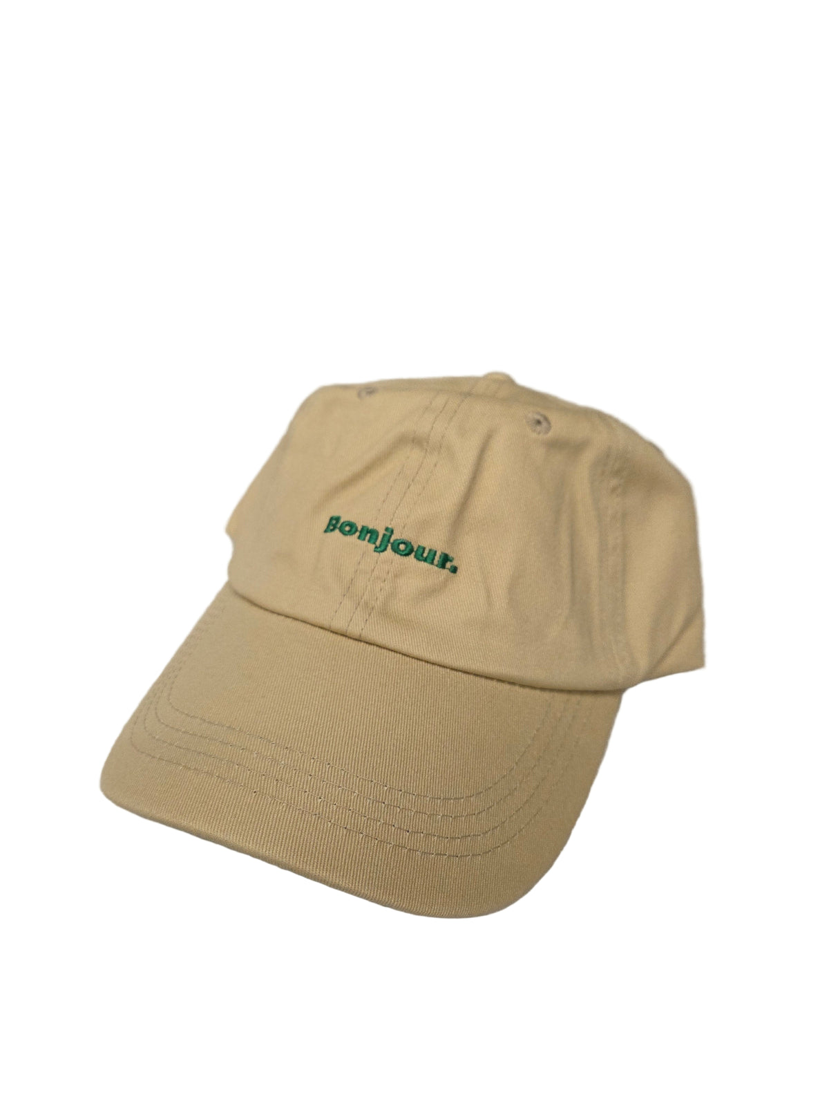 Beige cap with a green &#39;Bonjour&#39; embroidered letters