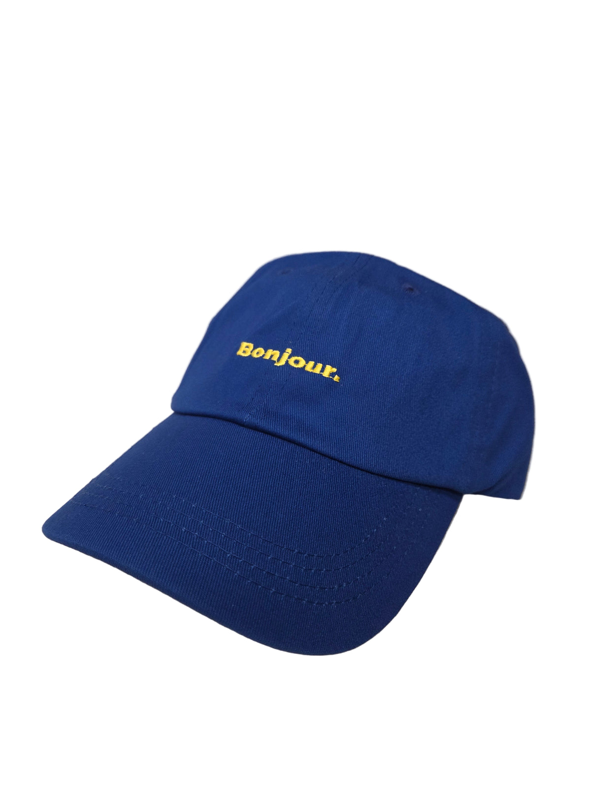Blue cap with a yellow &#39;Bonjour&#39; embroidered letters