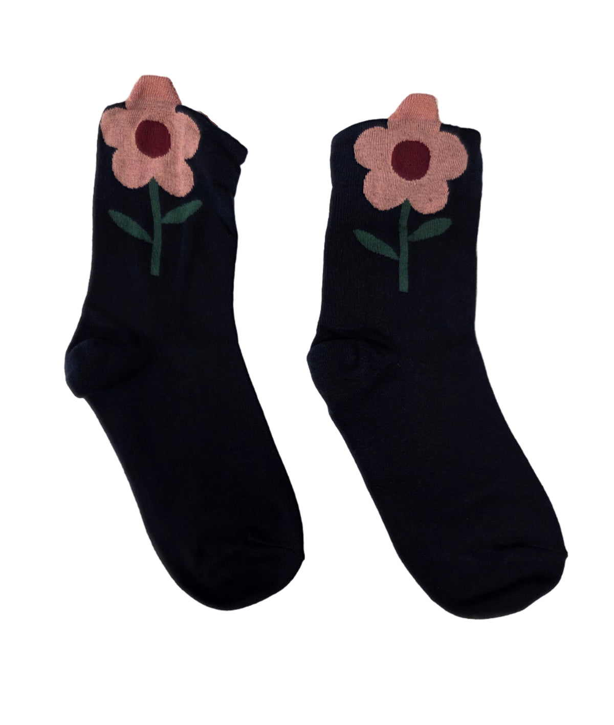 Black socks with pink floral designs on a white background