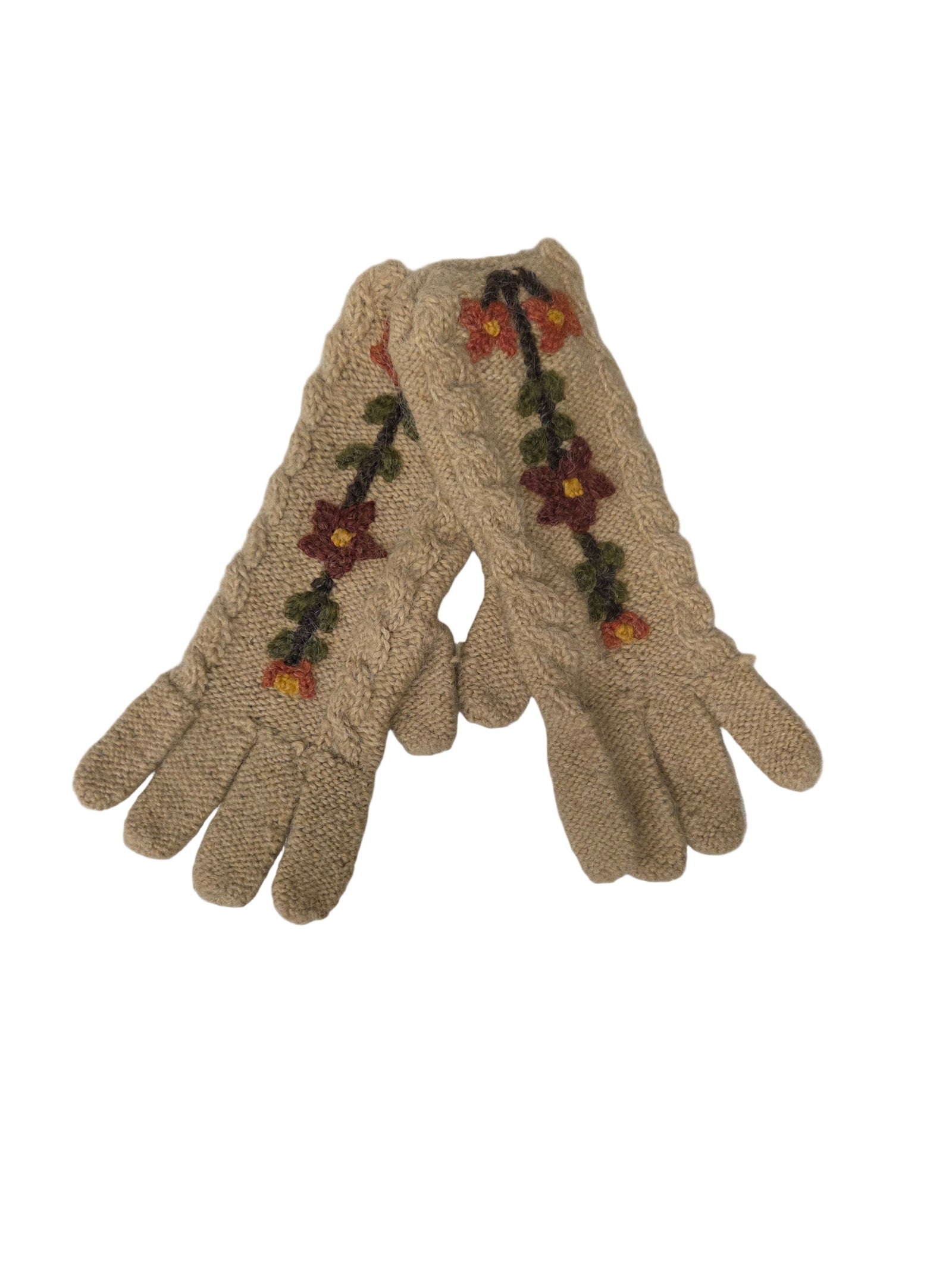 Pair of beige gloves with floral patterns on a white background