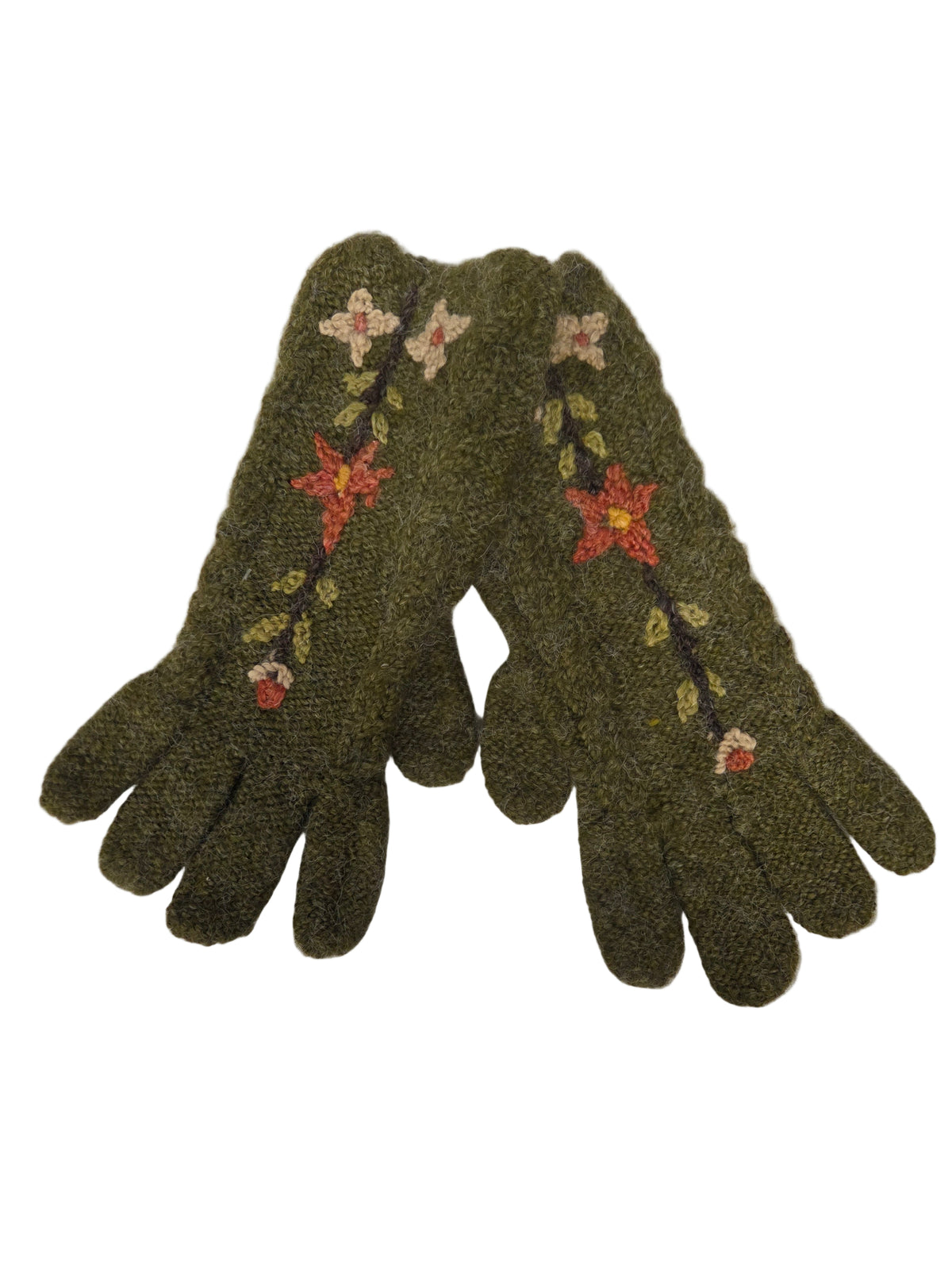 Pair of green gloves with floral patterns on a white background