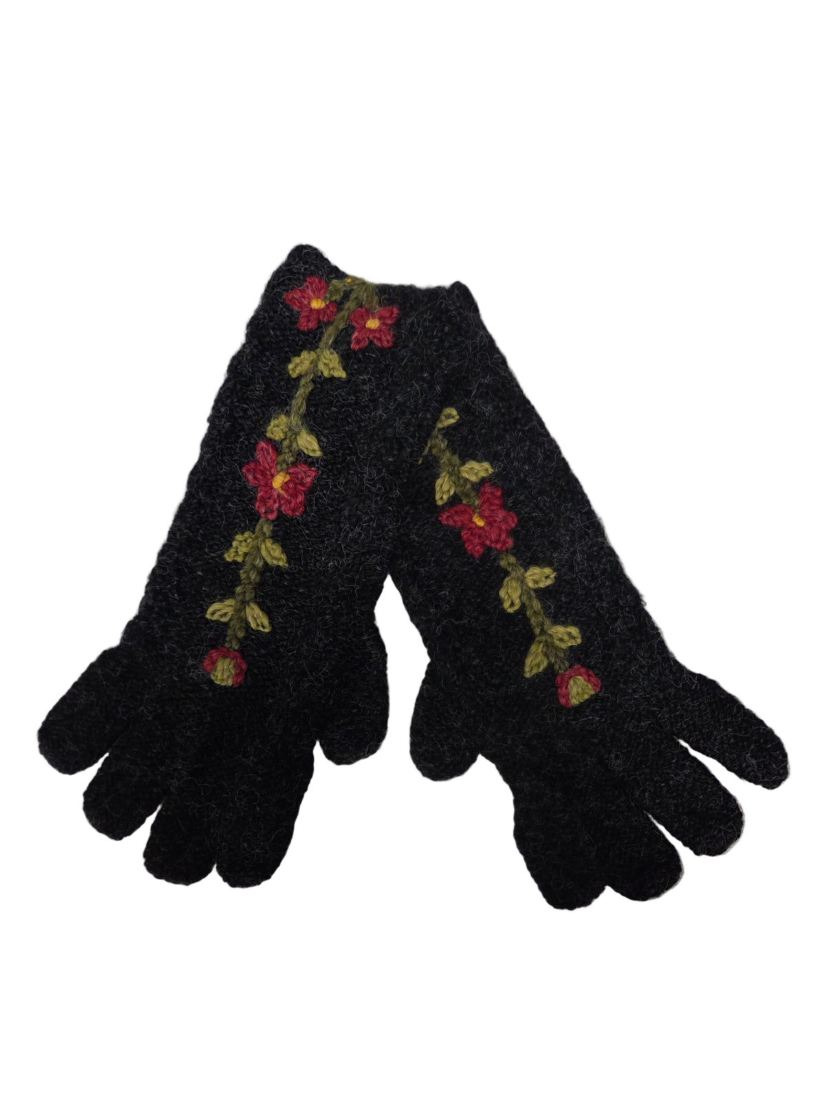 Black gloves with floral embroidery on a white background