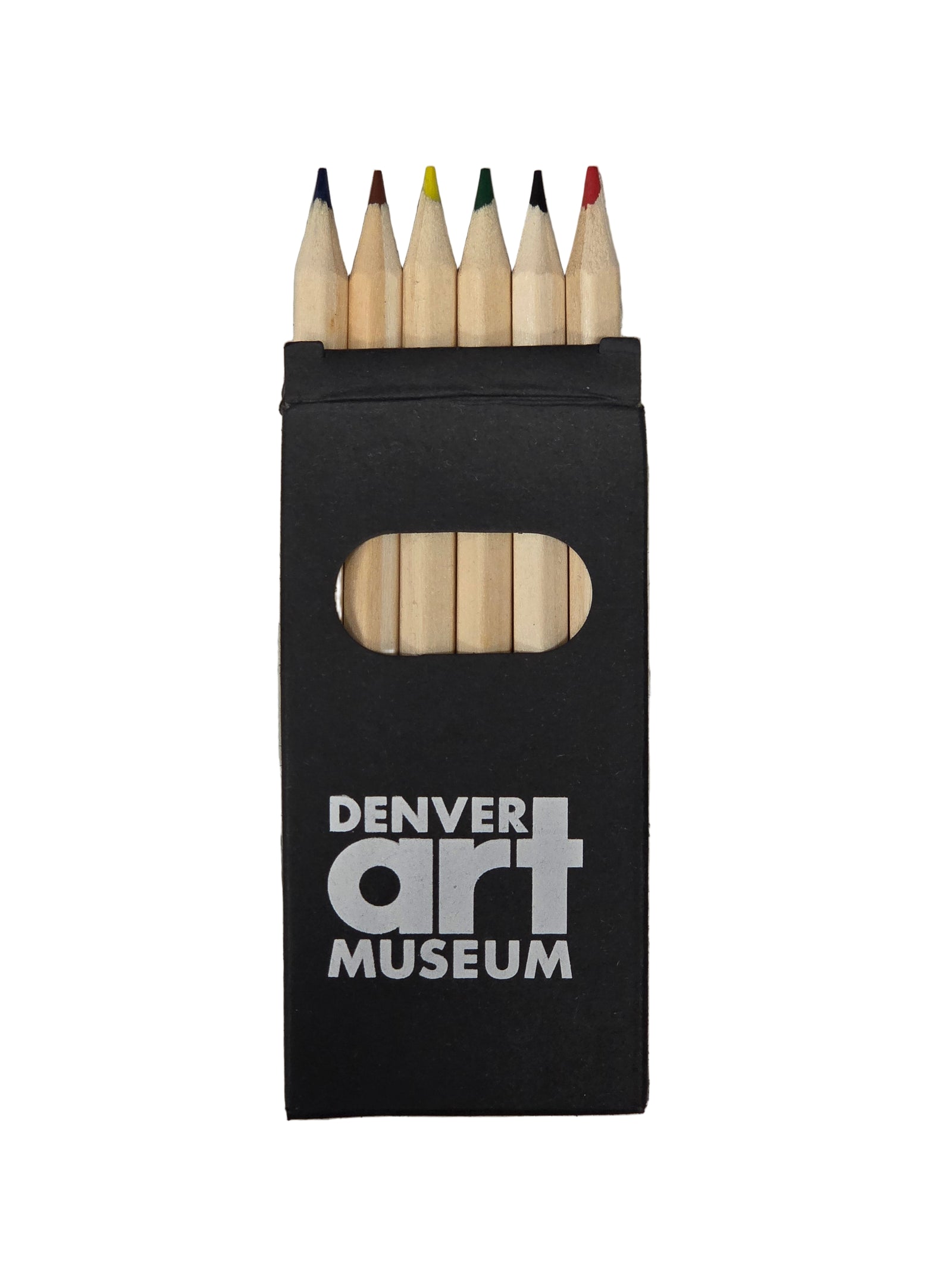 Set of colored pencils in a black case with Denver Art Museum branding