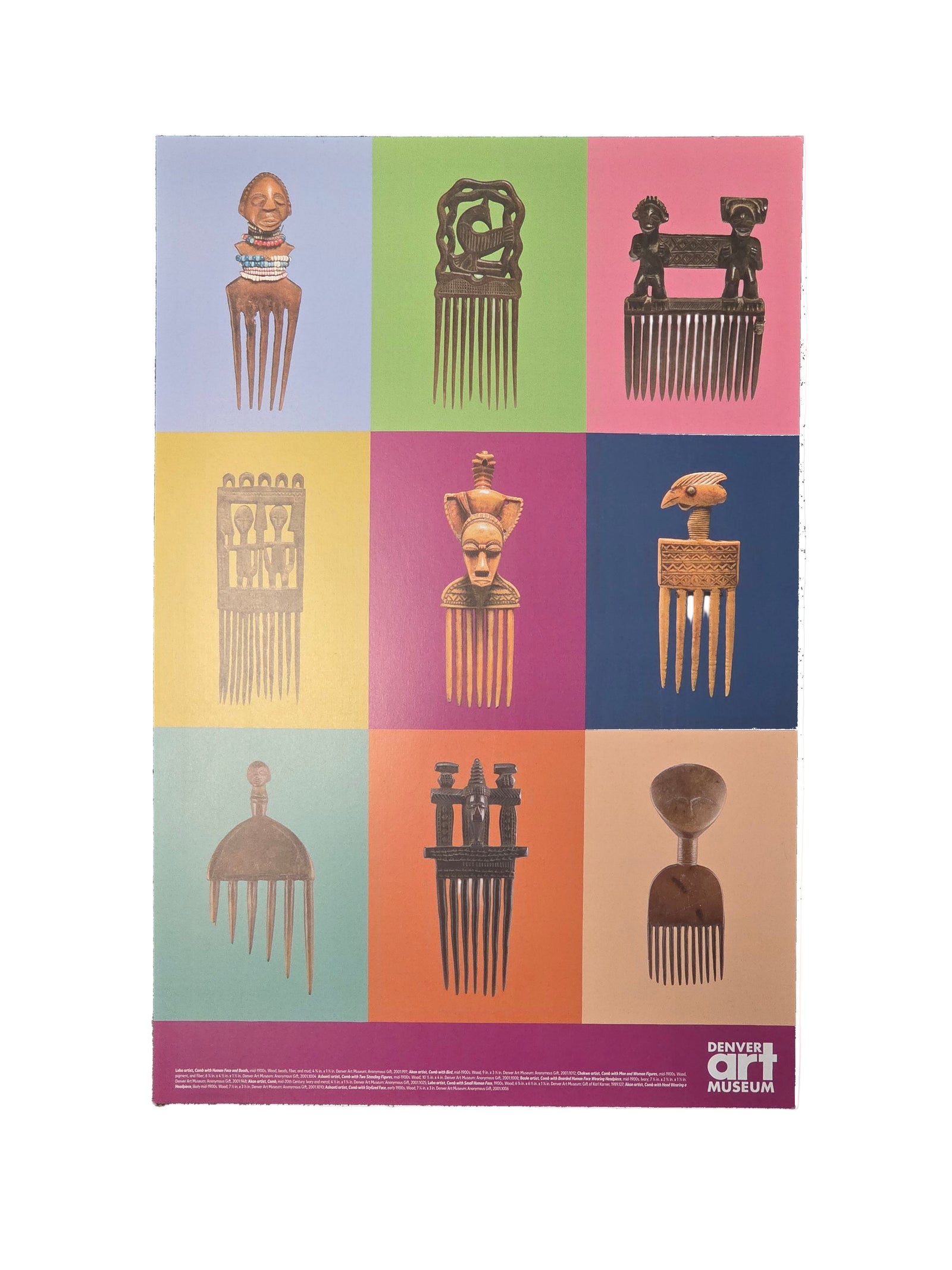 Poster with decorative combs on a colorful grid background