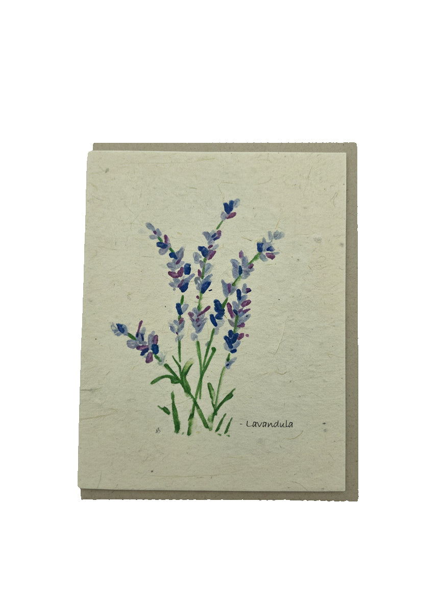 Card with lavender illustration on a plain background