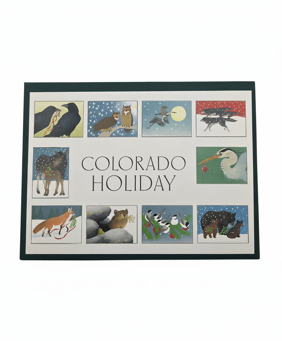 Box of Colorado Holiday cards with animal illustrations on a gray background