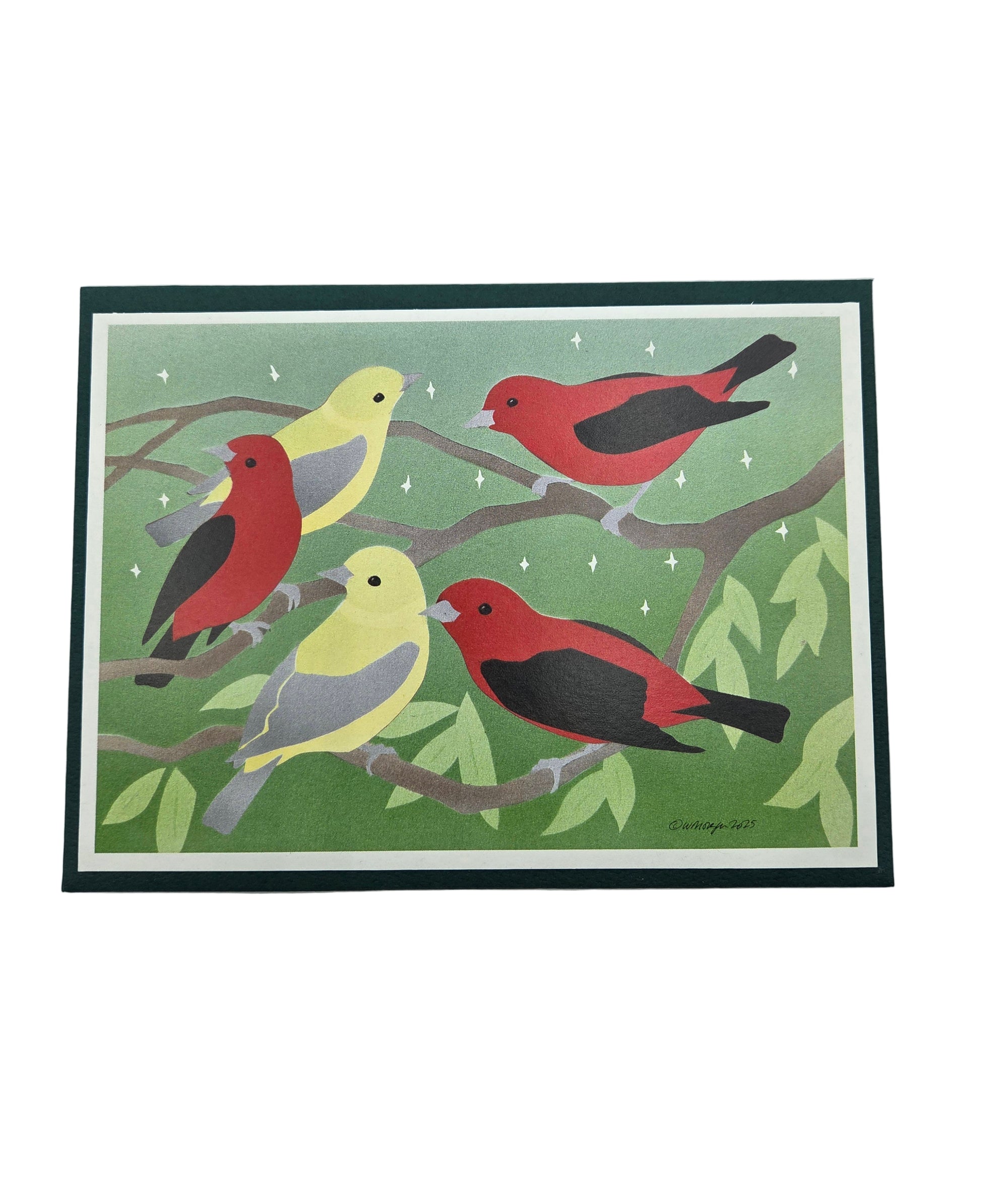Card with colorful birds on a branch against a green background
