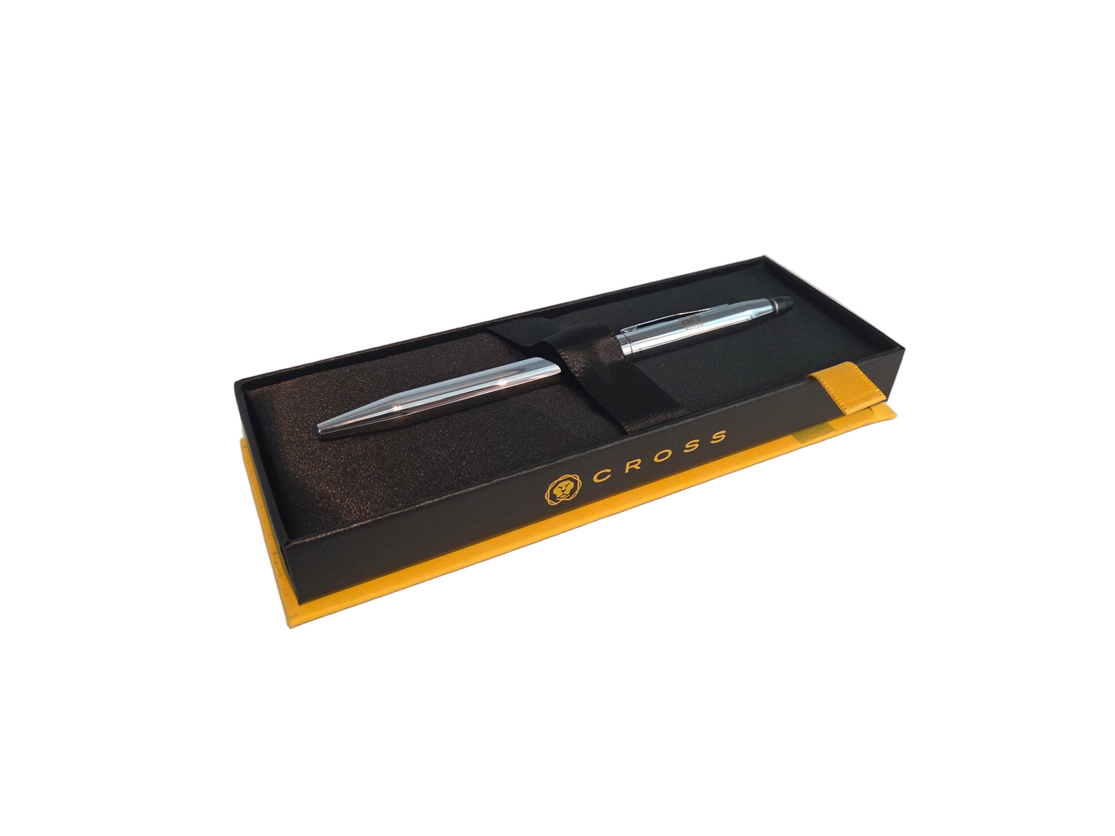 Cross pen in a black and yellow box on a light gray surface