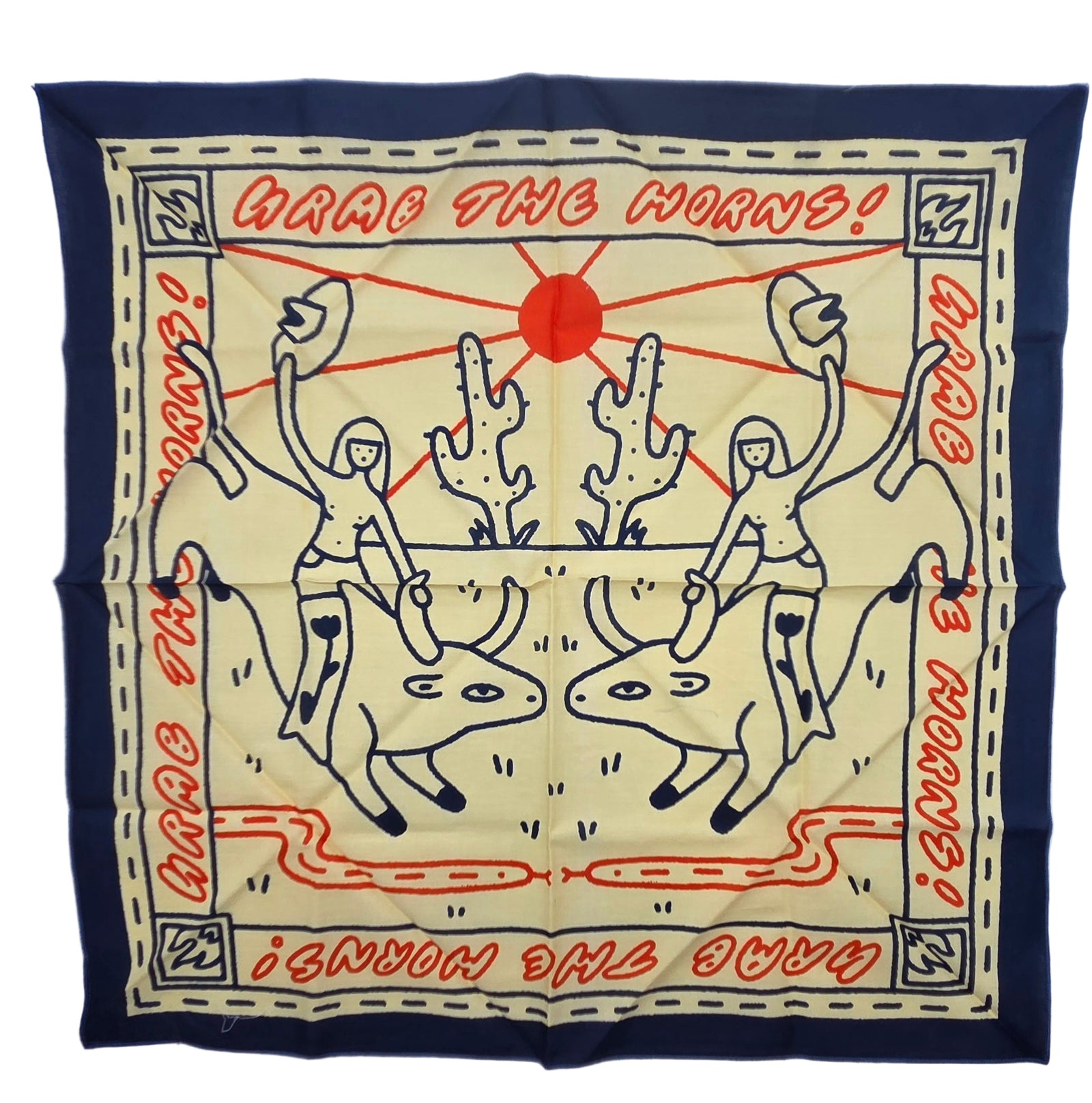 Decorative bandana with graphic design of people and animals, text, and a sun on a beige background.