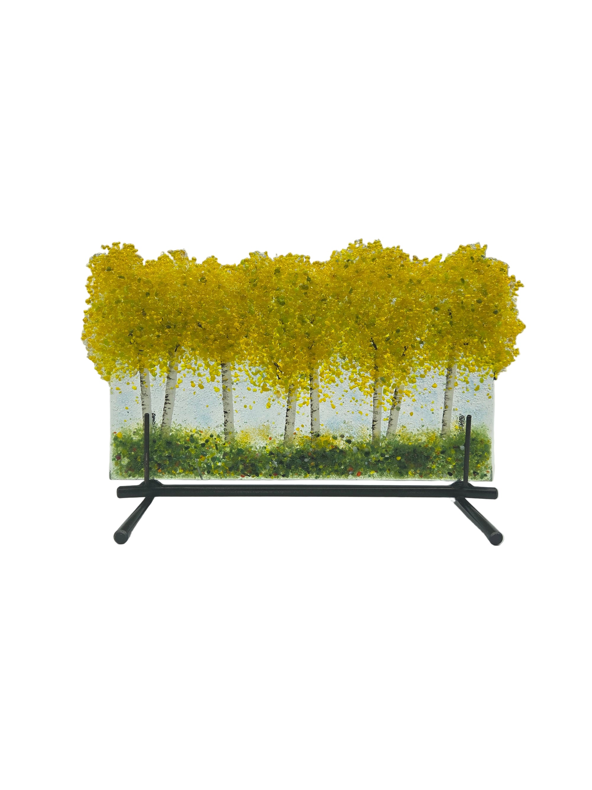 Decorative glass panel with yellow trees on a white background