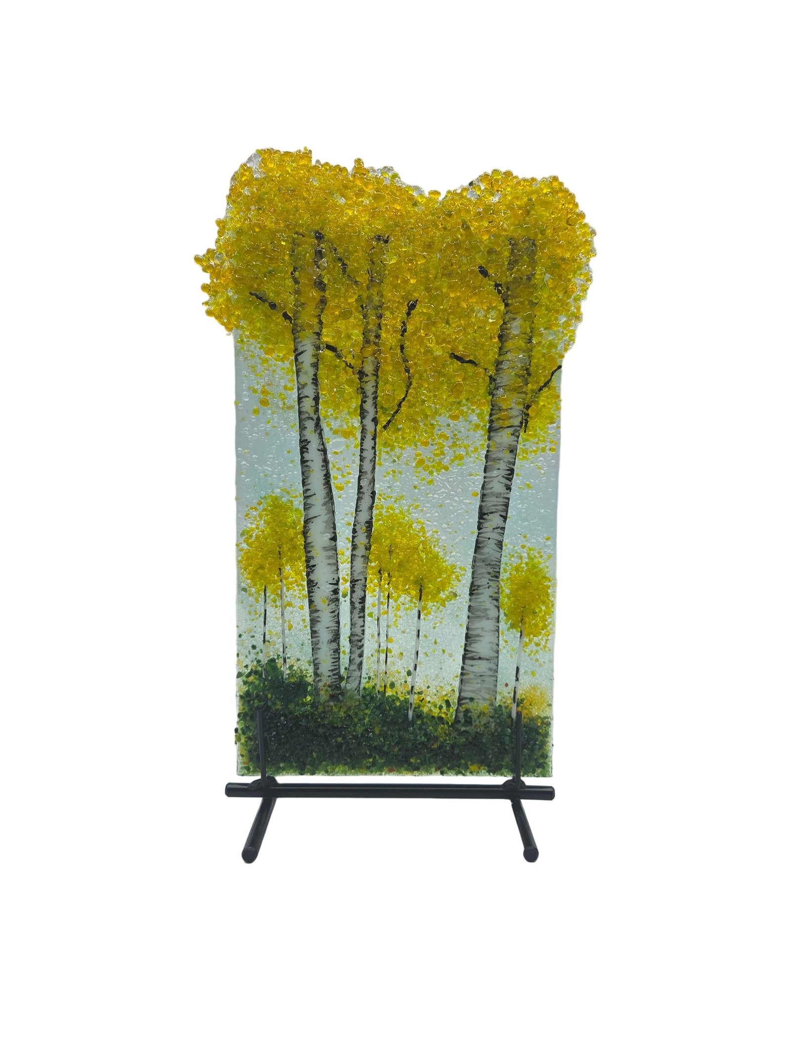 Decorative glass panel with yellow trees on a white background