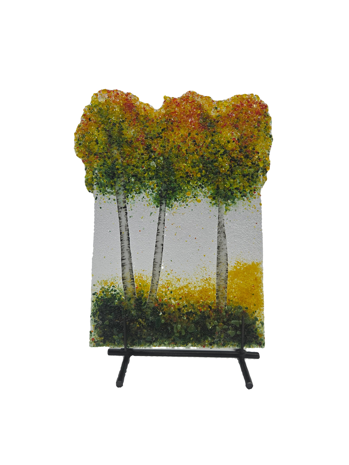 Decorative glass panel with yellow and green trees on a white background