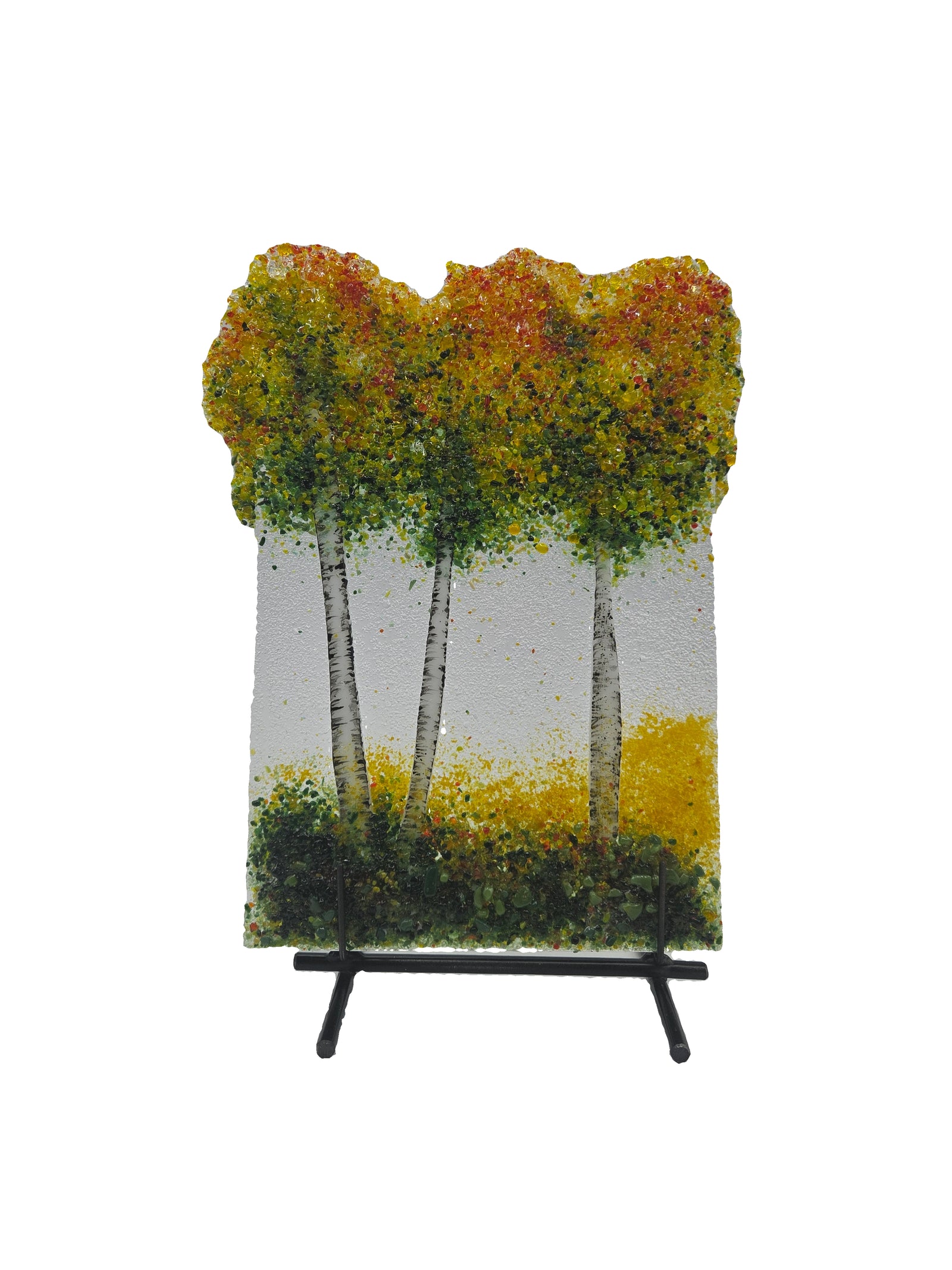 Decorative glass panel with yellow and green trees on a white background