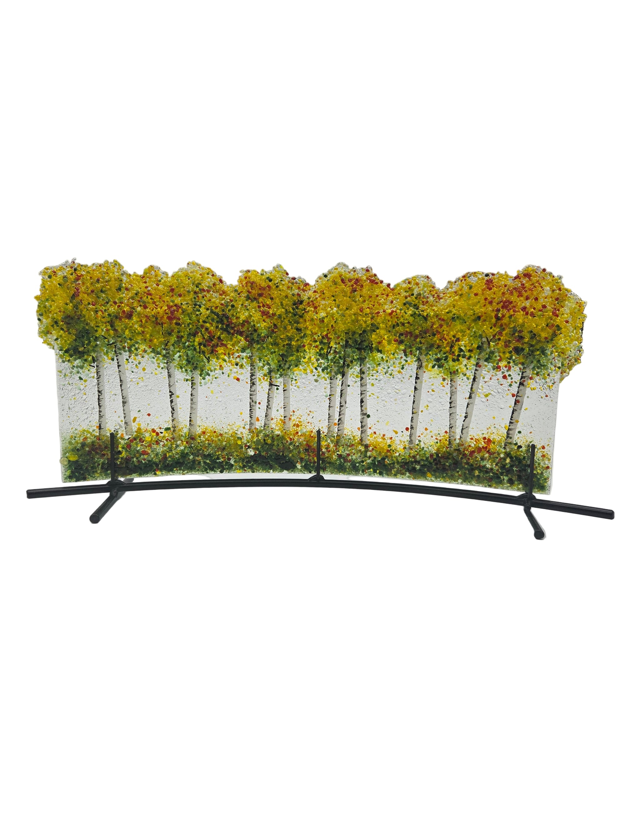 Decorative glass panel with yellow and green trees on a white background