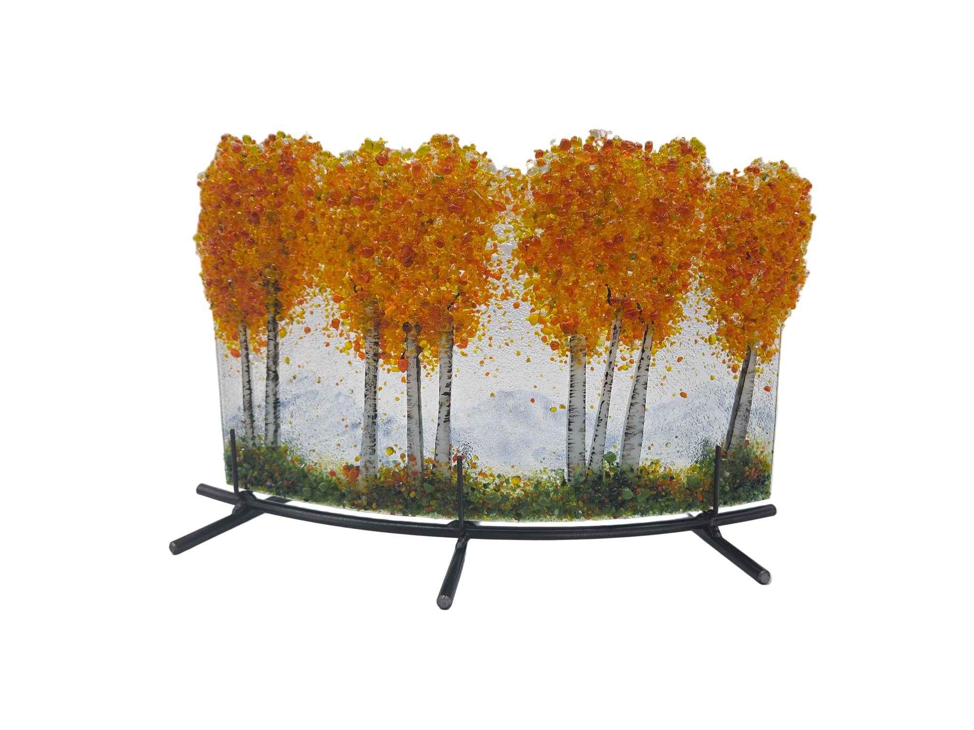 Decorative glass panel with orange trees on a white background