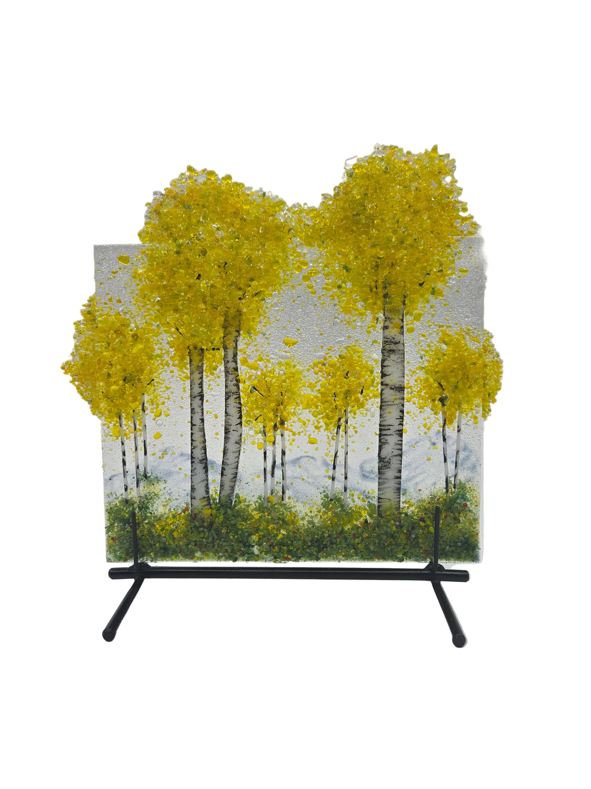 Decorative glass panel with yellow trees on a white background