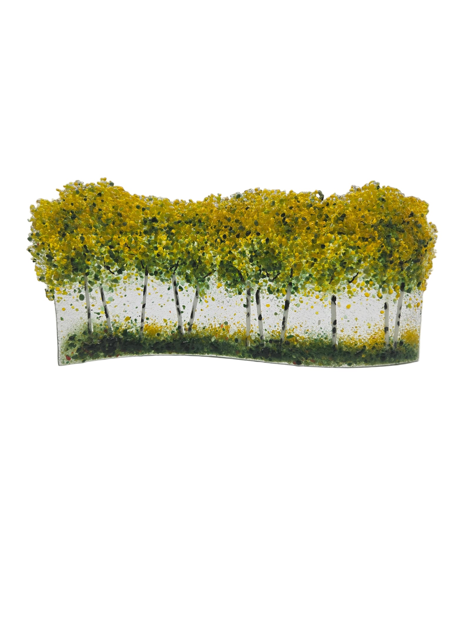 Decorative glass panel with yellow and green trees on a white background