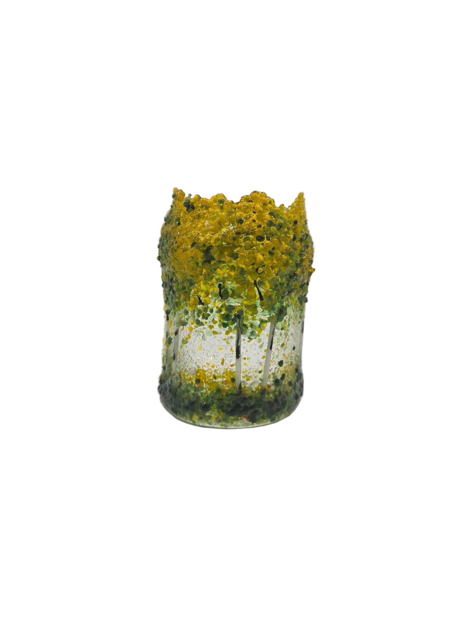 Decorative glass panel with yellow and green trees on a white background