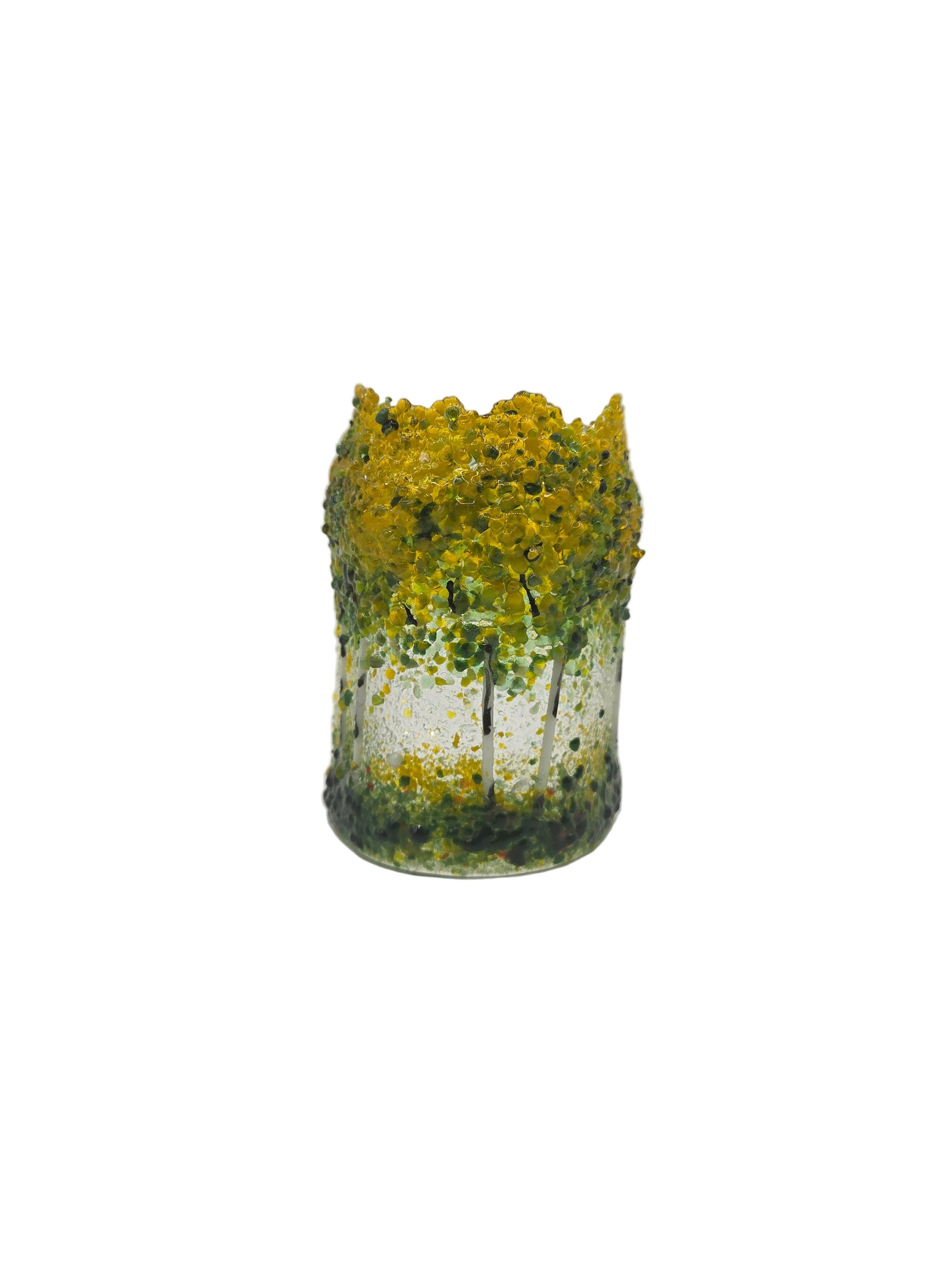 Decorative glass panel with yellow and green trees on a white background