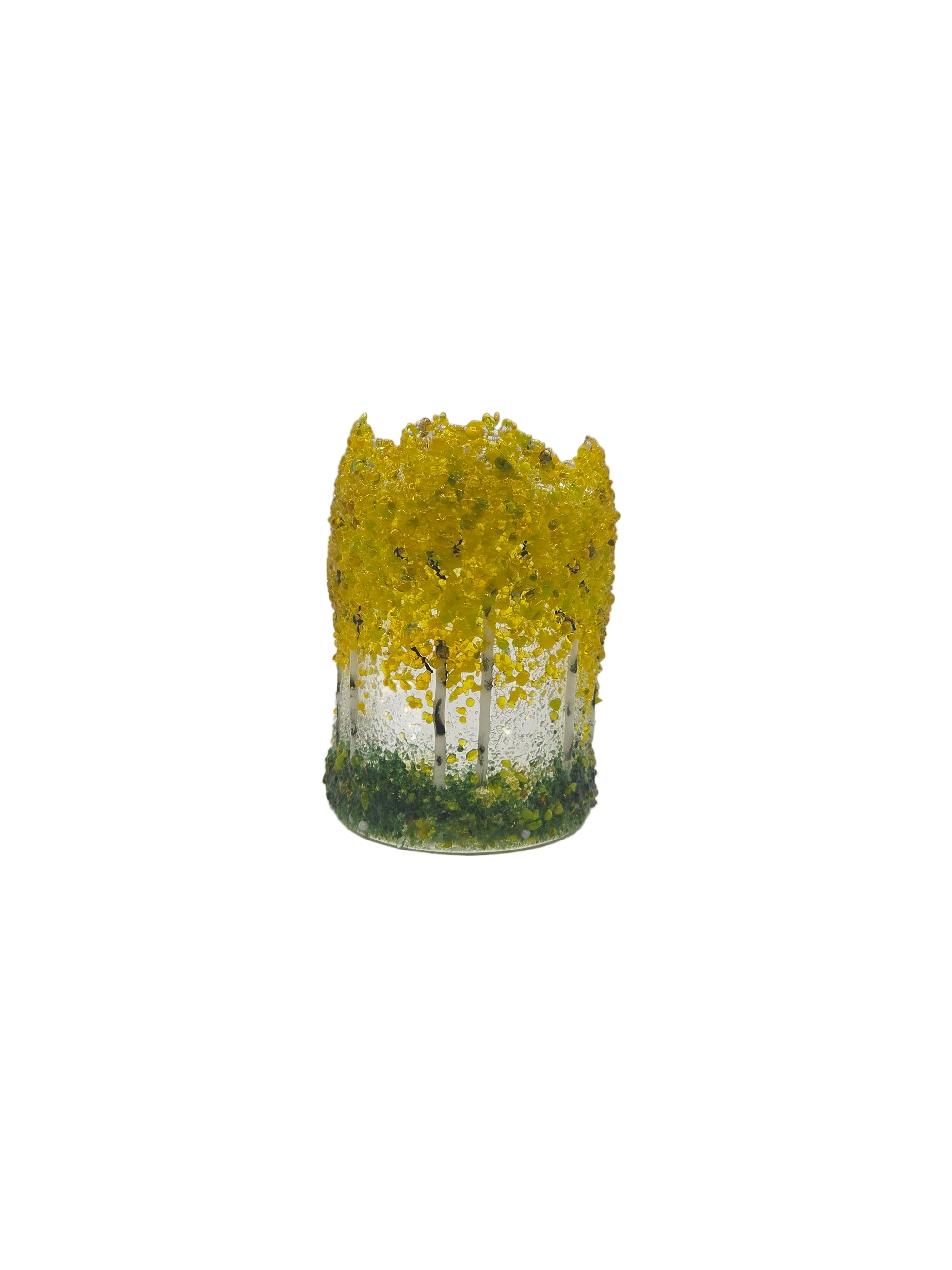 Decorative glass panel with yellow trees on a white background