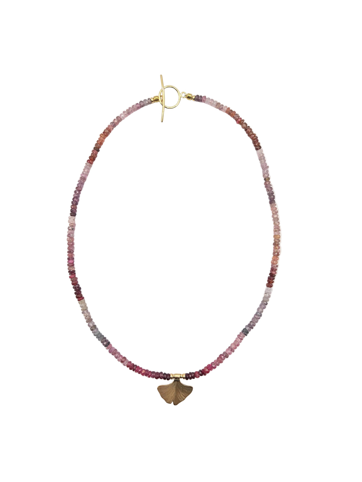 14K Yellow Gold Ginkgo Leaf and Spinel Beads Necklace