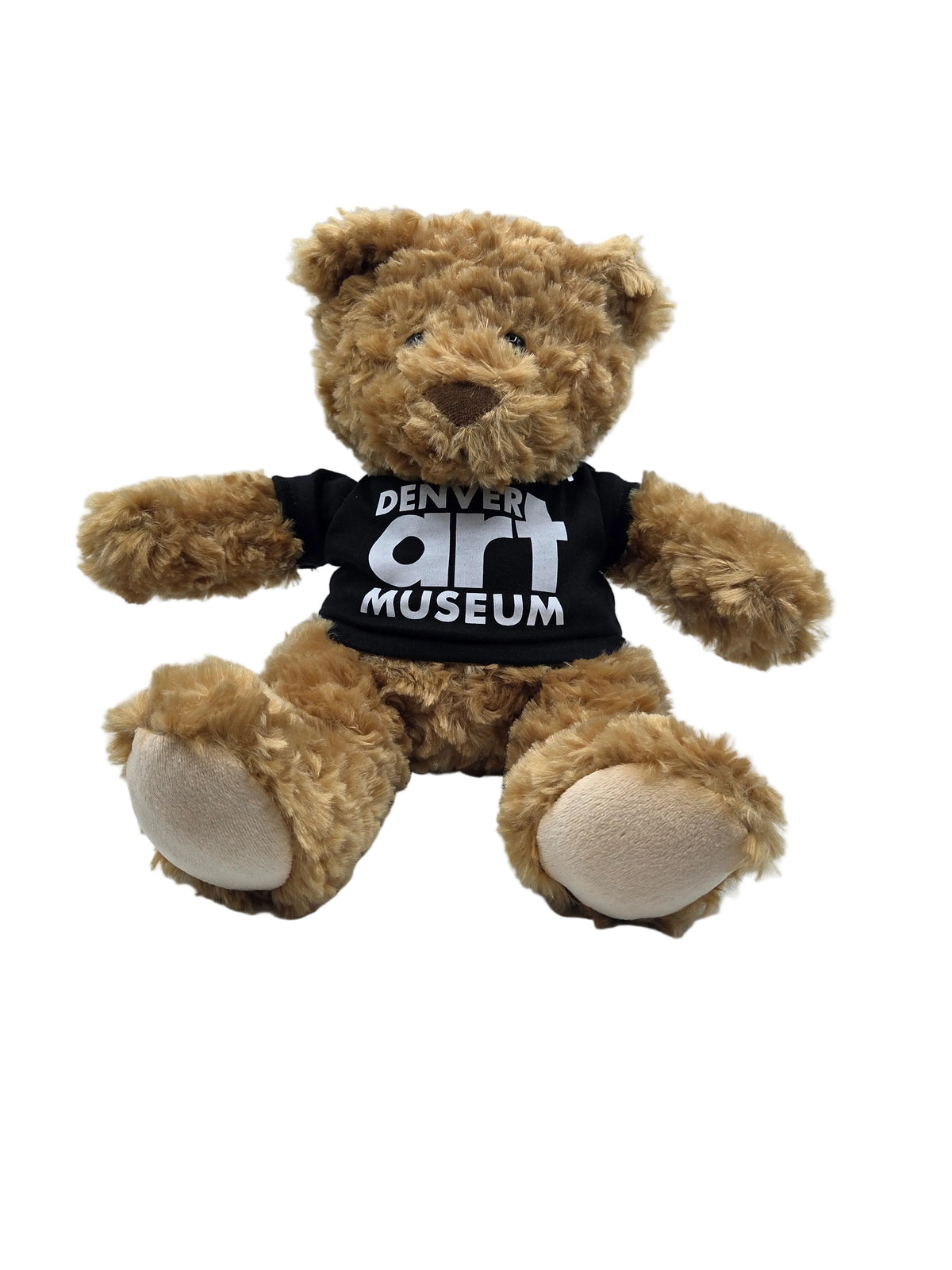 Plush teddy bear with a black shirt displaying 'Denver Art Museum' on a white background