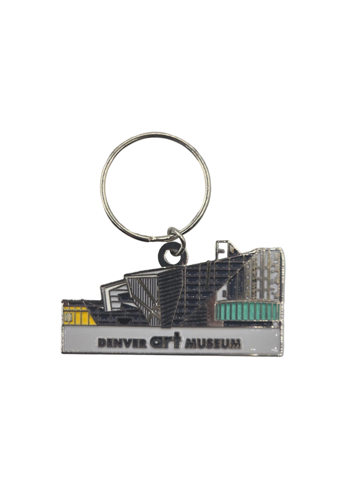 Keychain with Denver Art Museum logo on a gray background