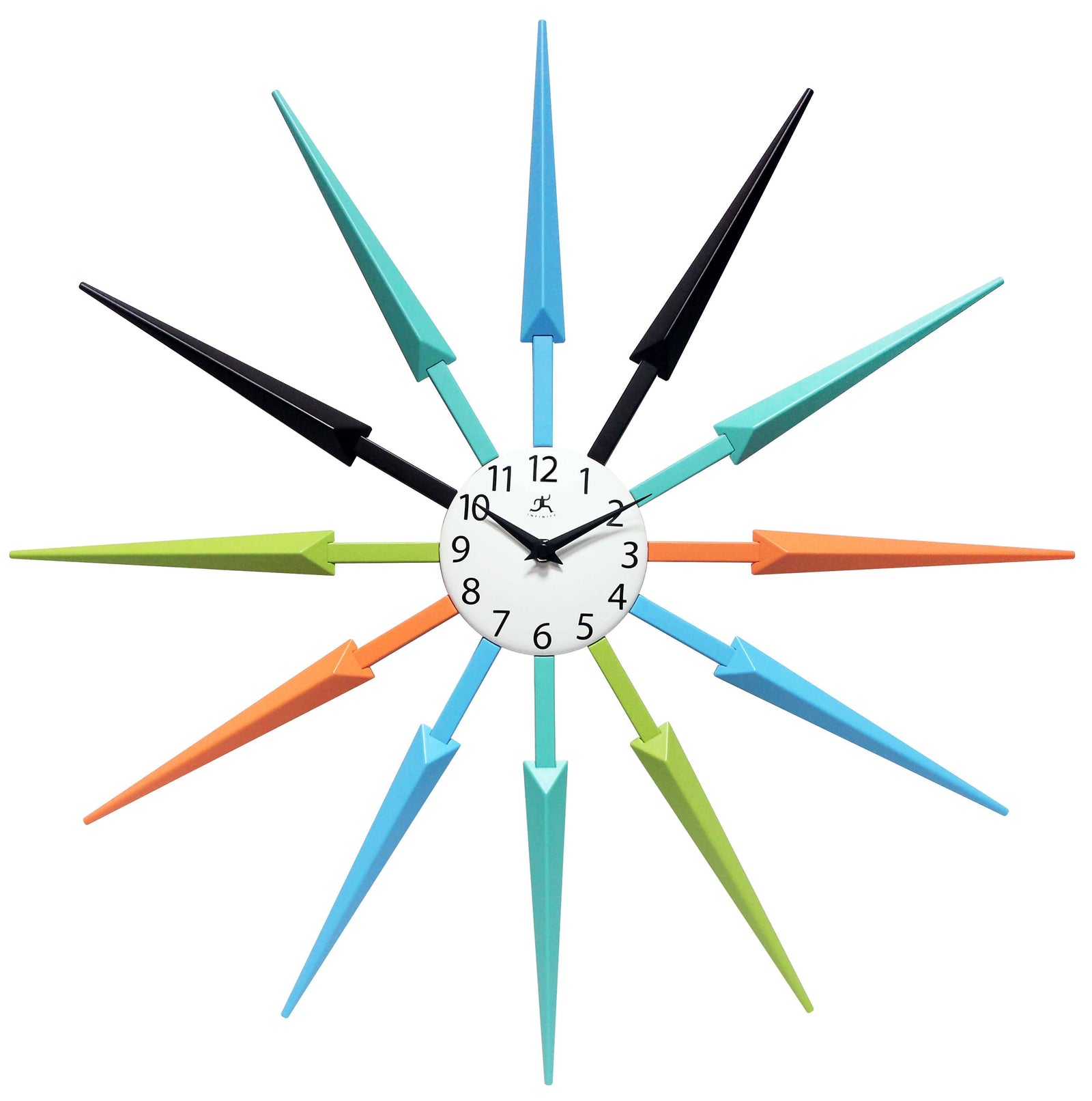 Colorful spiky clock with black hands on a white background