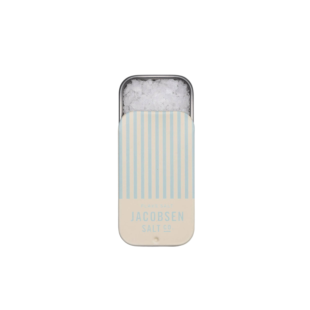 Tin with striped design and &#39;Jacobsen Salt Co.&#39; branding on a light gray background