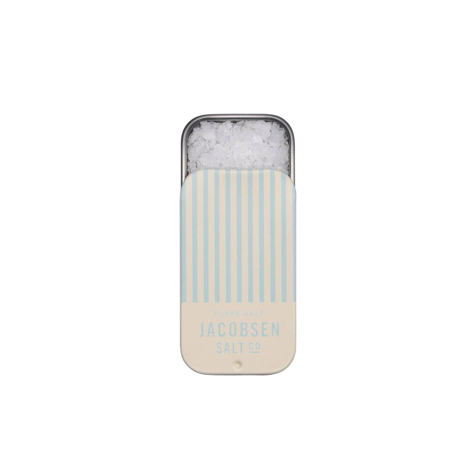 Tin with striped design and 'Jacobsen Salt Co.' branding on a light gray background