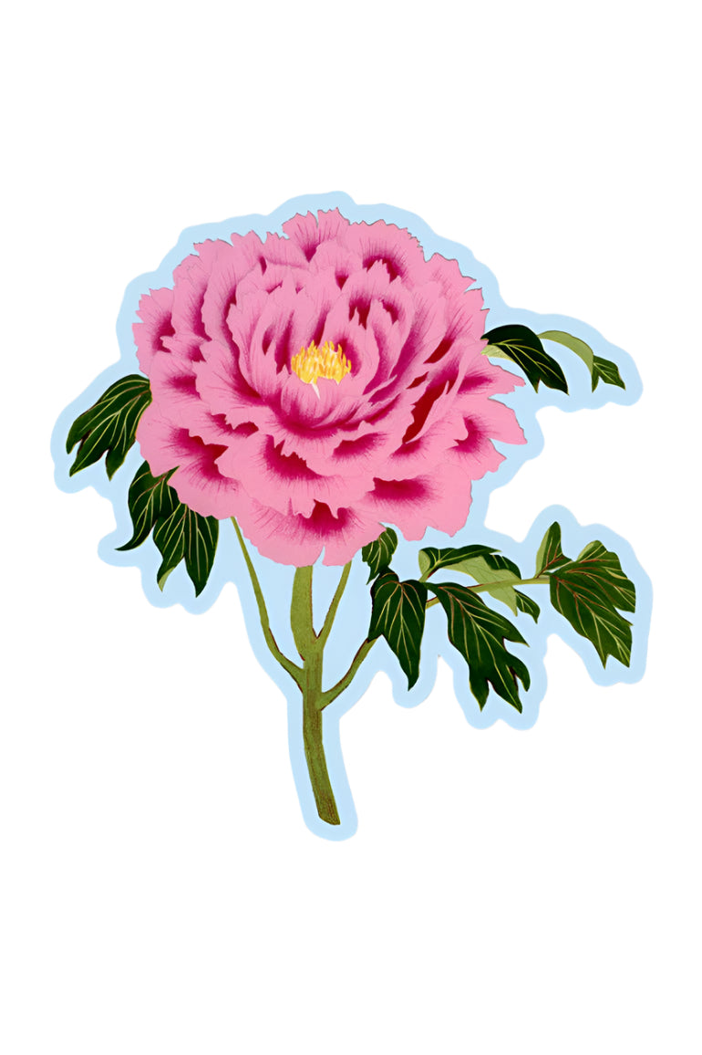 Sticker of a pink flower with green leaves on a white background