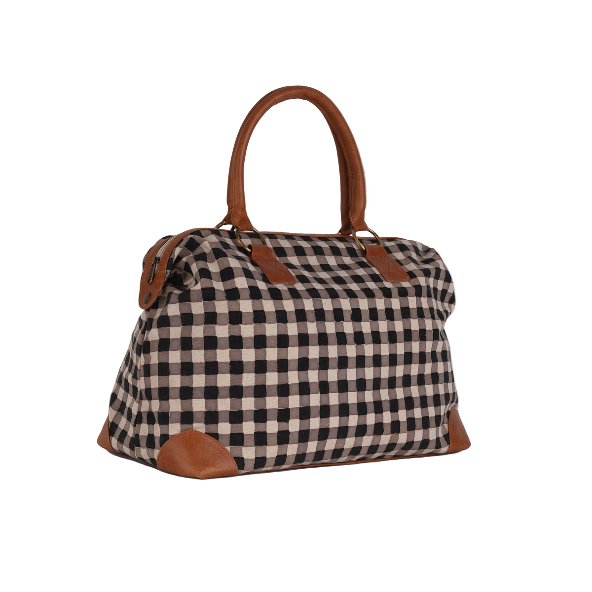 Checkered bag with brown handles and accents on a white background