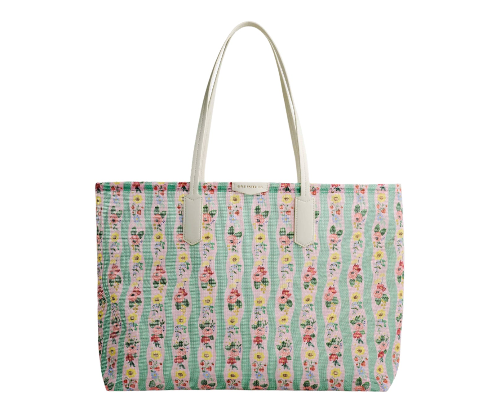 Roses floral striped tote bag with white handles on a white background