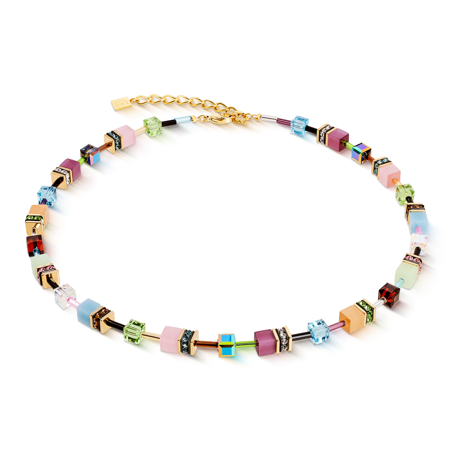 Colorful beaded necklace with a gold chain on a white background