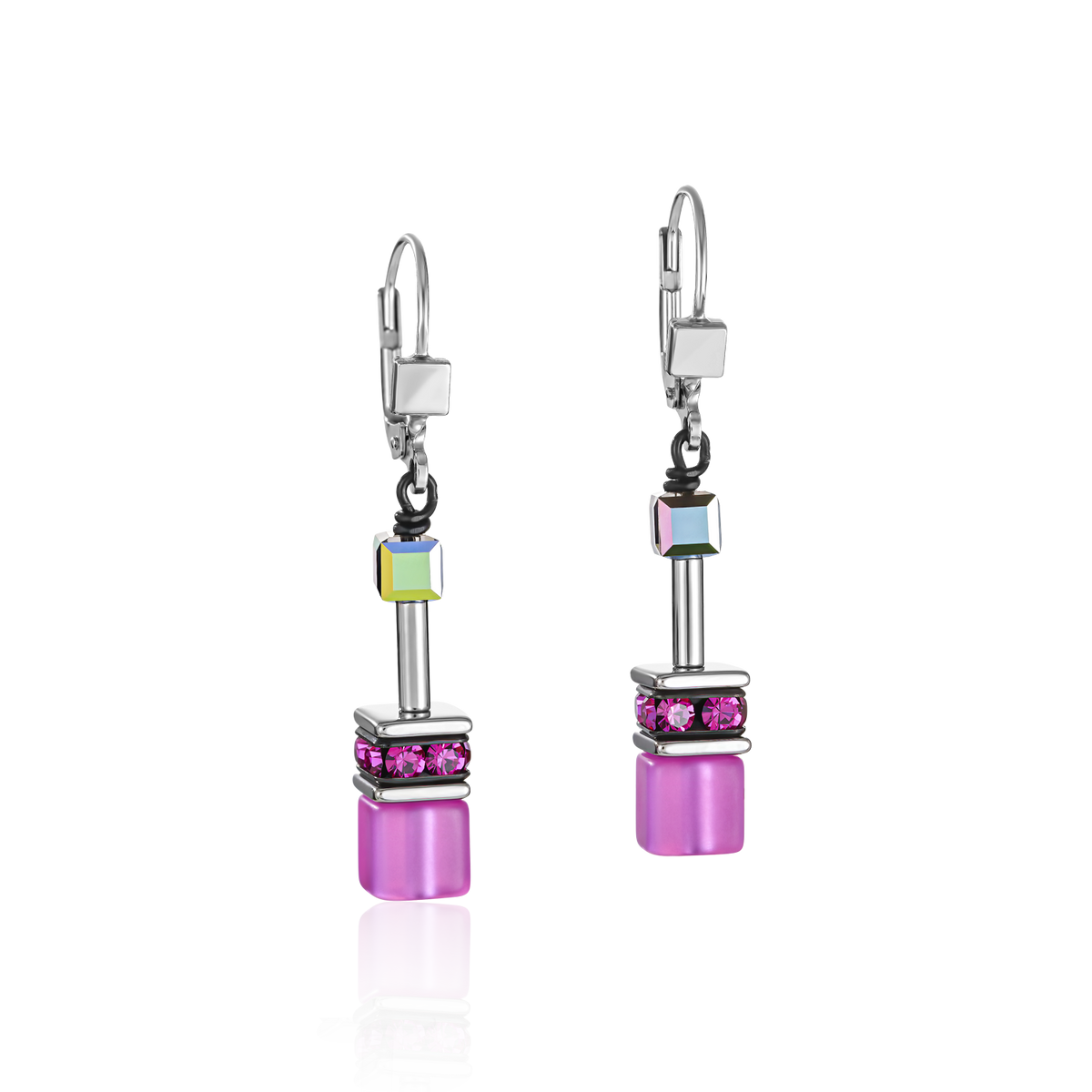 Pair of earrings with pink bead on a white background