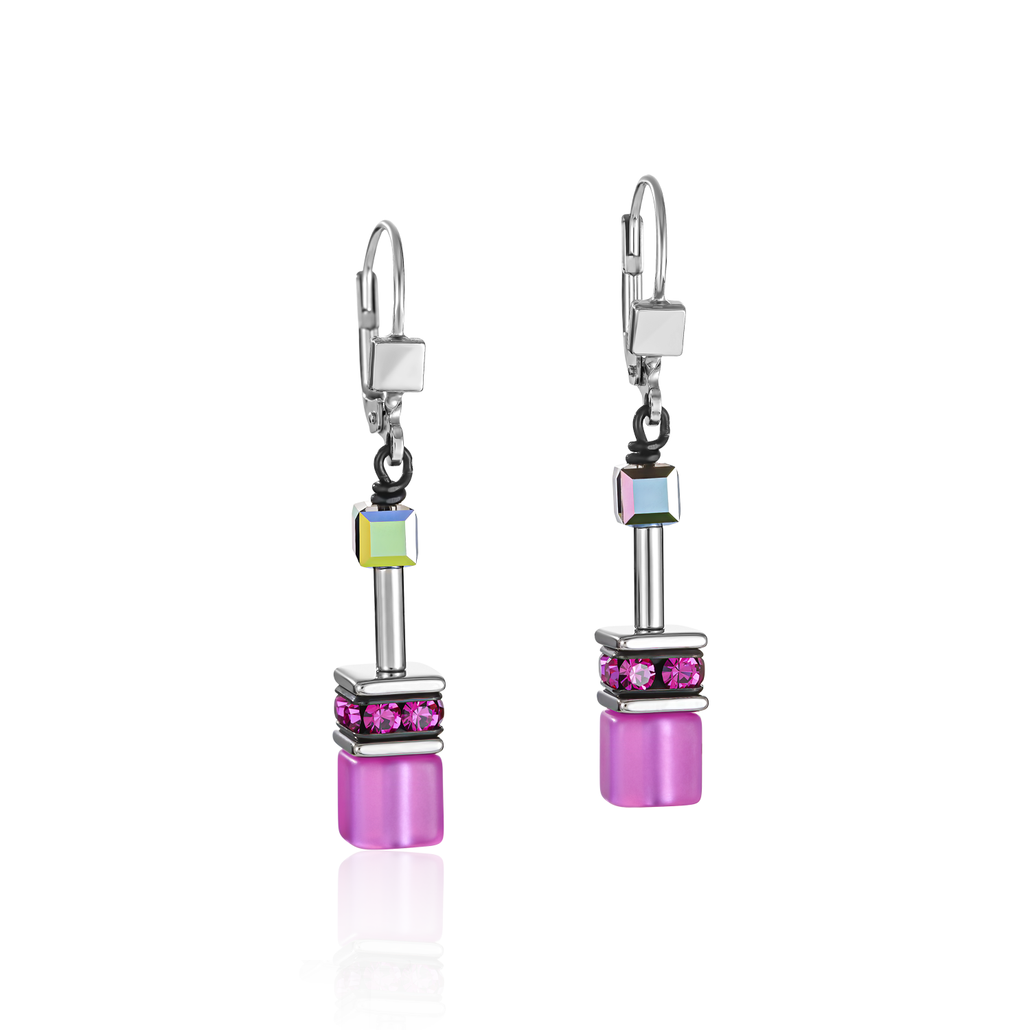 Pair of earrings with pink bead on a white background