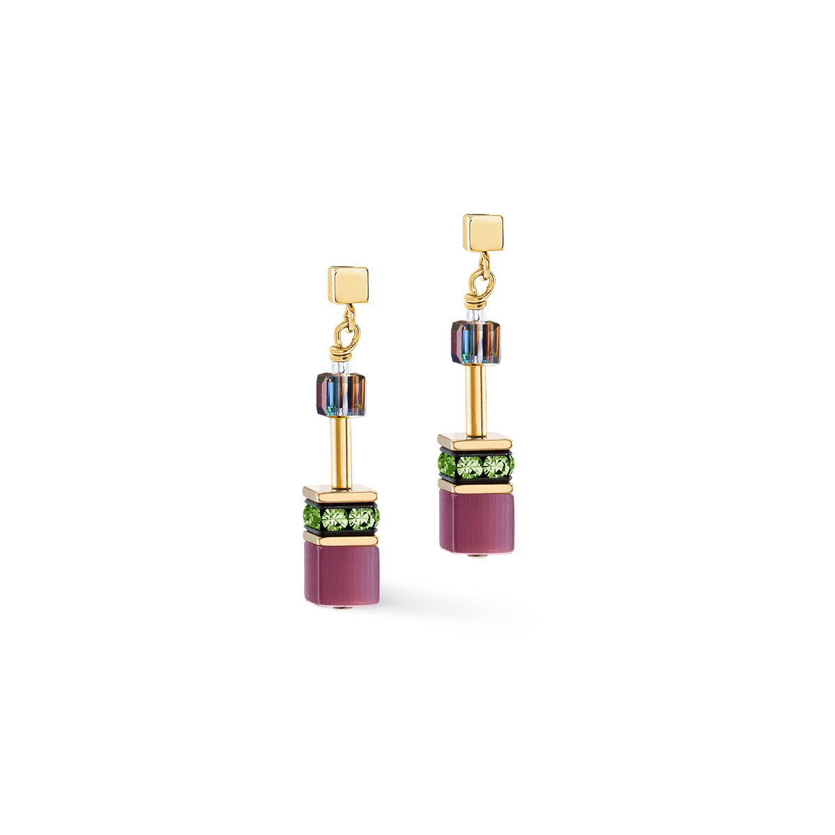 Pair of earrings with burgundy and gold accents on a white background