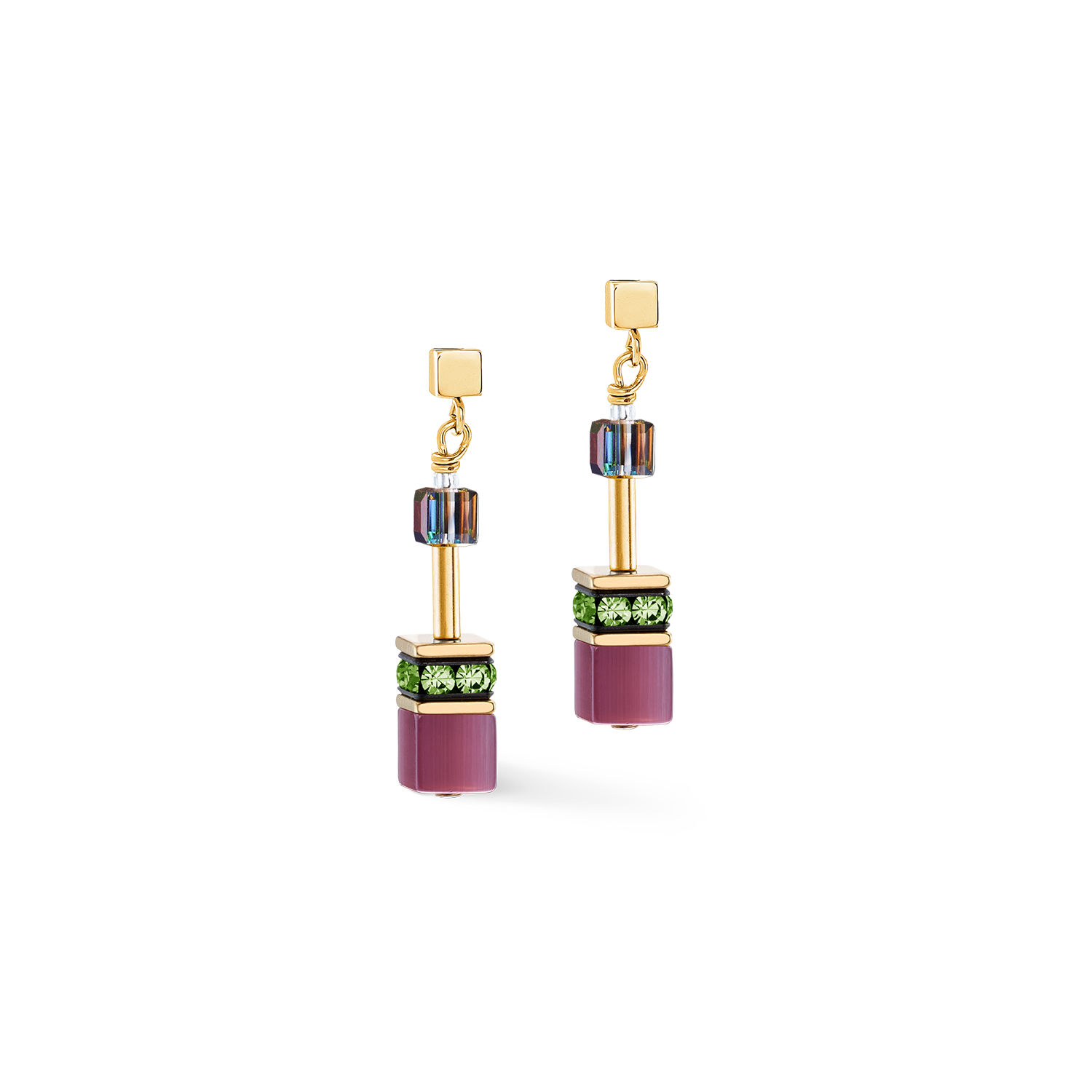 Pair of earrings with burgundy and gold accents on a white background
