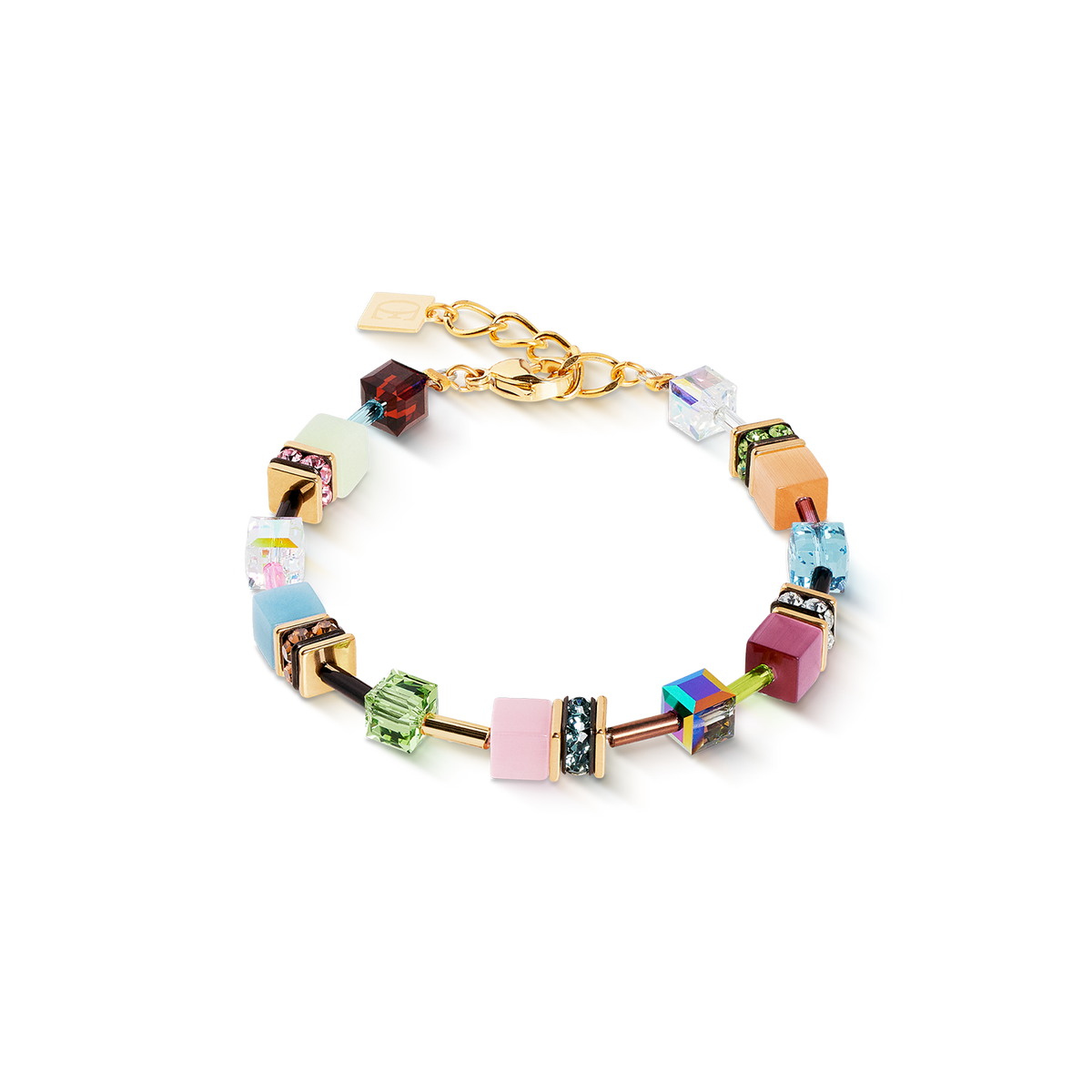 Multicolored beaded bracelet with gold chain on a white background