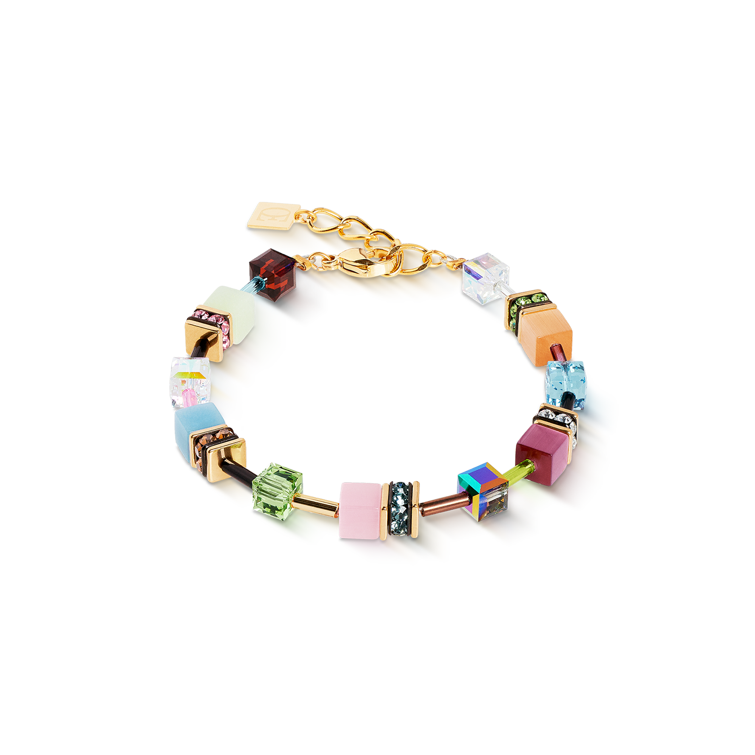 Multicolored beaded bracelet with gold chain on a white background