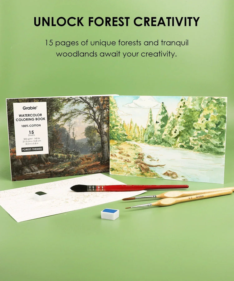 15 Sheets Forest-Themed Watercolor Coloring Book