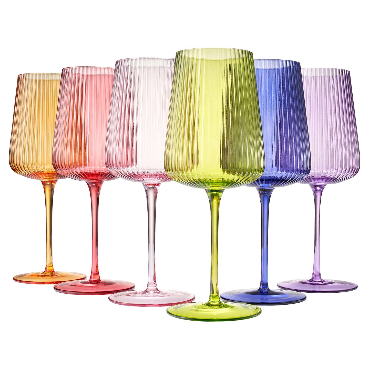 Set of six colorful wine glasses on a white background