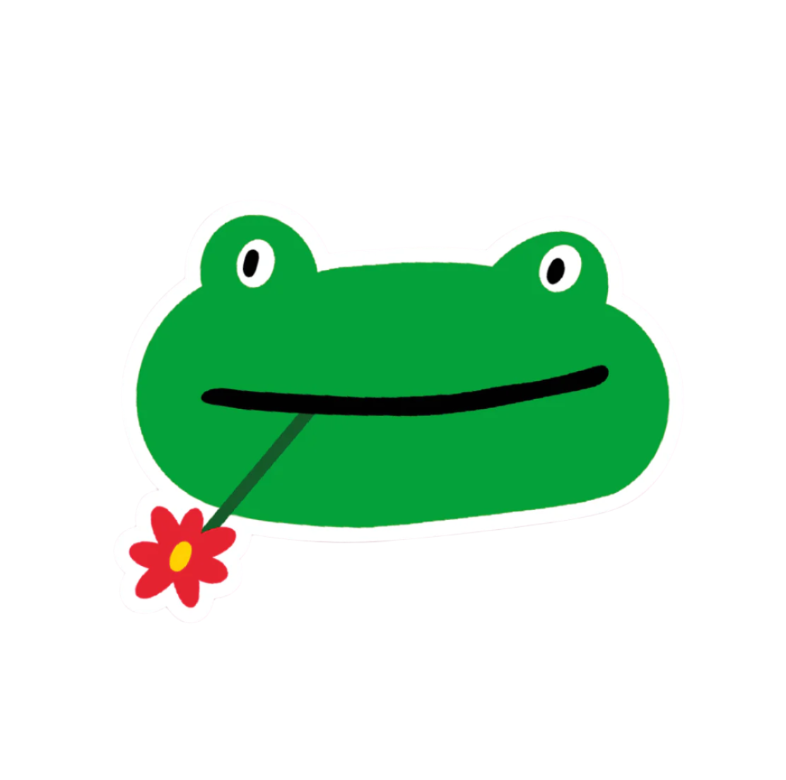 Green frog sticker holding a red flower 