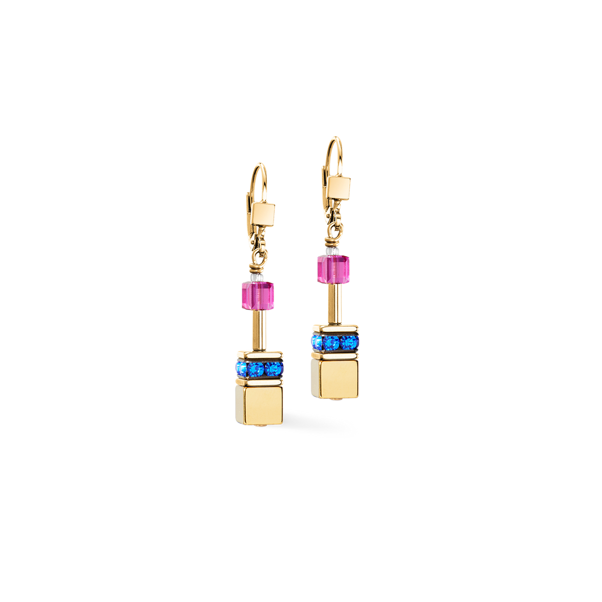Gold earrings with colorful beads on a white background