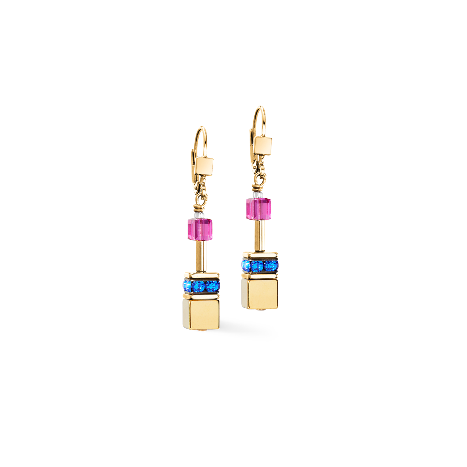 Gold earrings with colorful beads on a white background