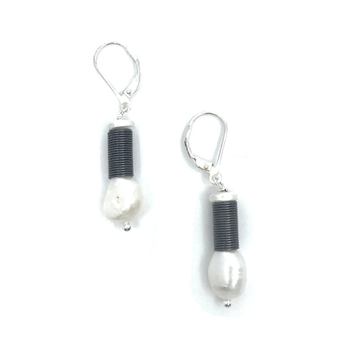 Black Wire with White Pearl Earring