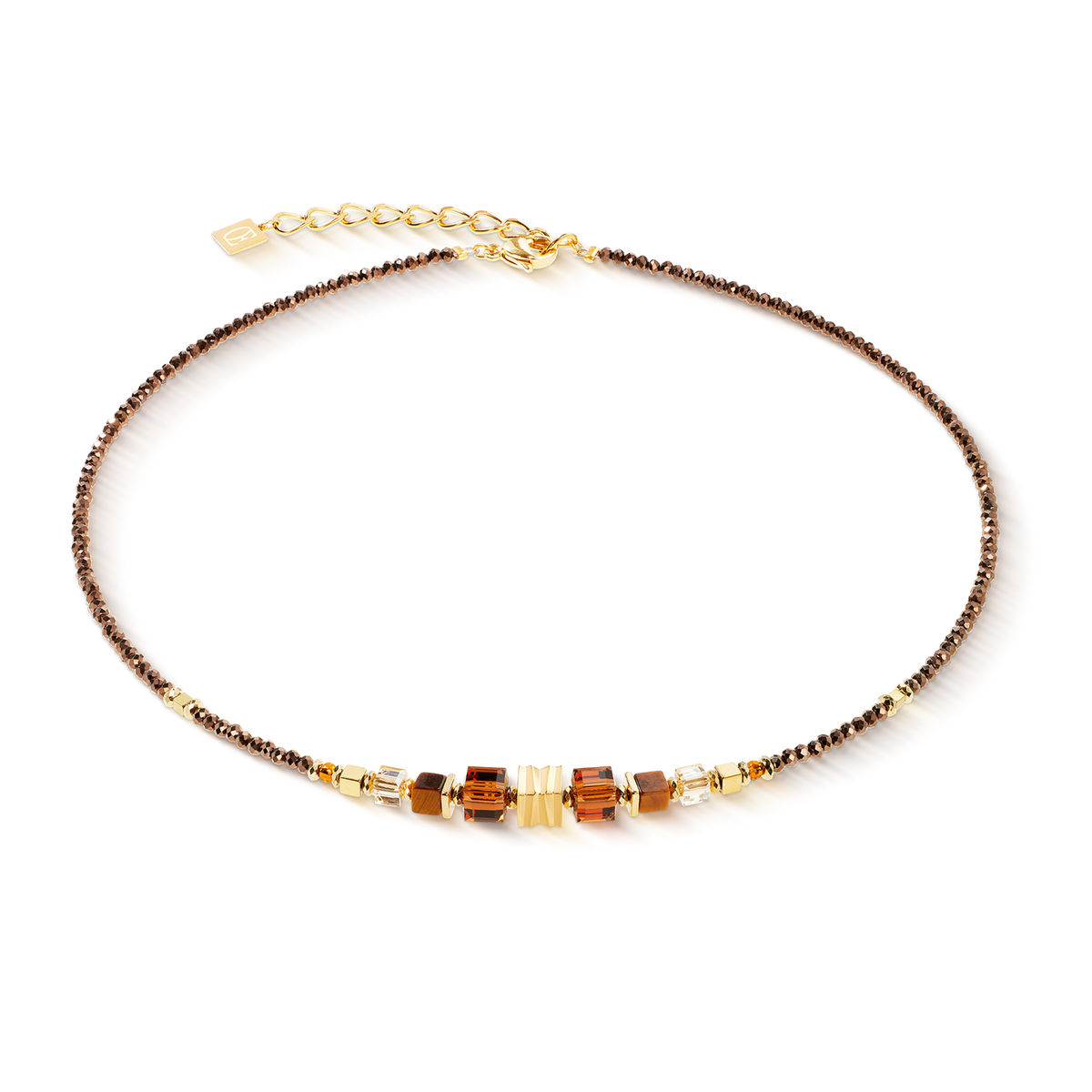 Necklace with brown and gold beads on a white background