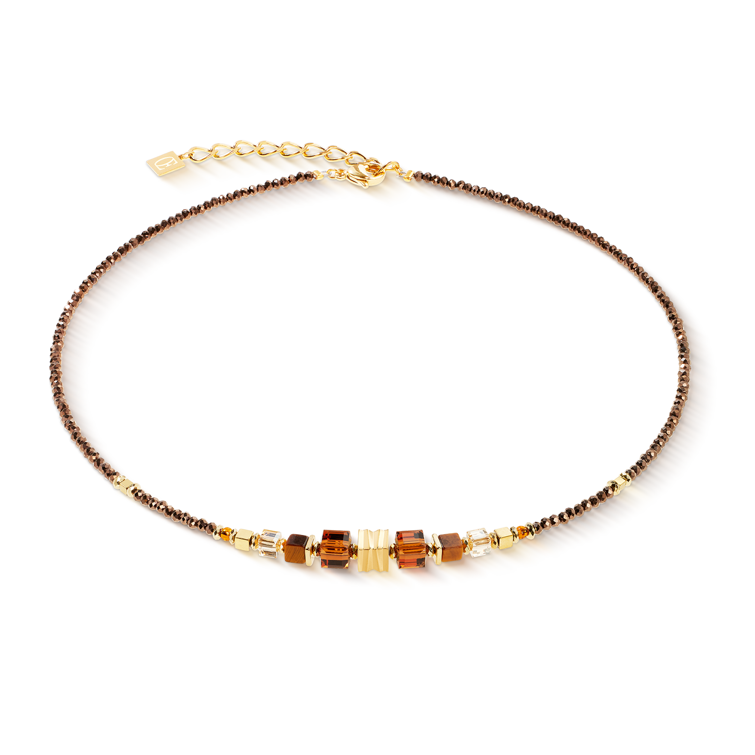 Necklace with brown and gold beads on a white background
