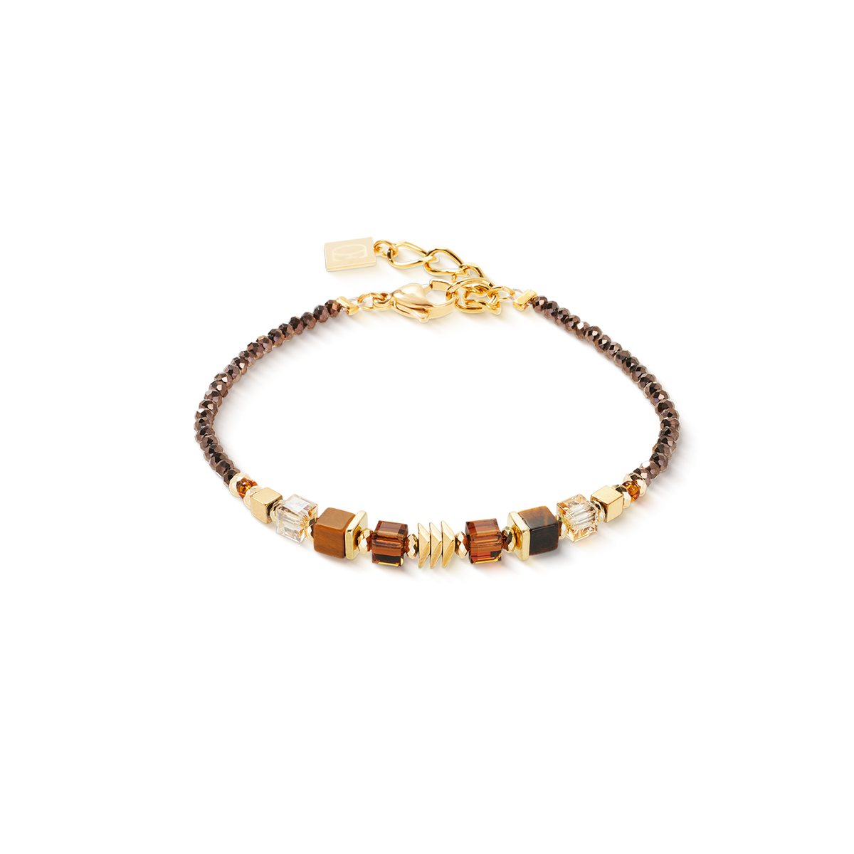 Bracelet with brown and gold beads on a white background