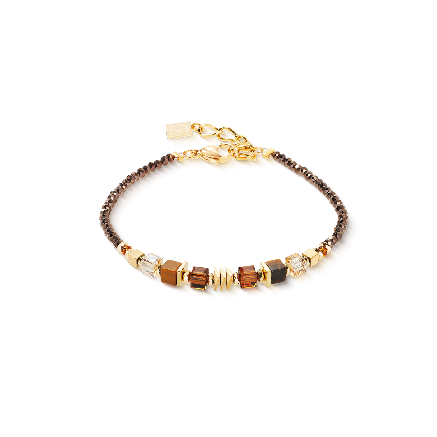 Bracelet with brown and gold beads on a white background